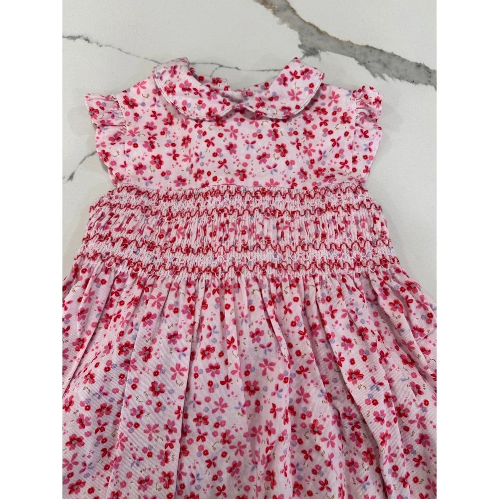 Laura Ashley Girls Pink Floral Smocked Corduroy Dress‎ Peter Pan Collar Size 5